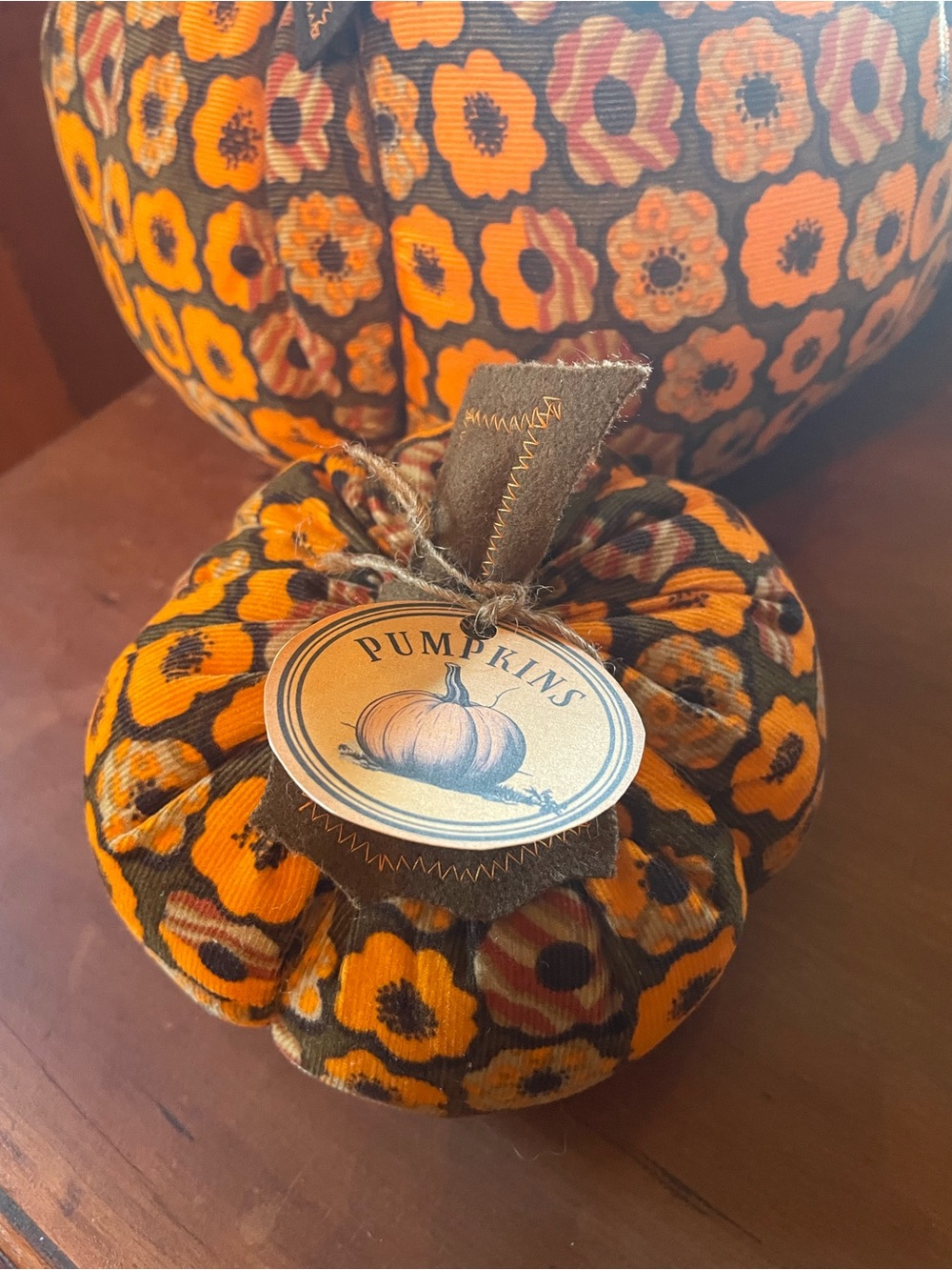 Handmade corduroy Fabric Pumpkin Decor - Orange Floral Accent by